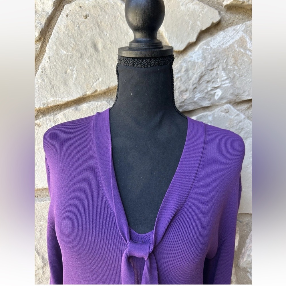 Vintage Marshall Fields Ribbed Knit Top Small Purple Easy Care V Neck Bow - Picture 4 of 4